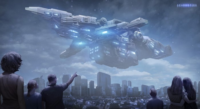 Alien ship over city with people watching