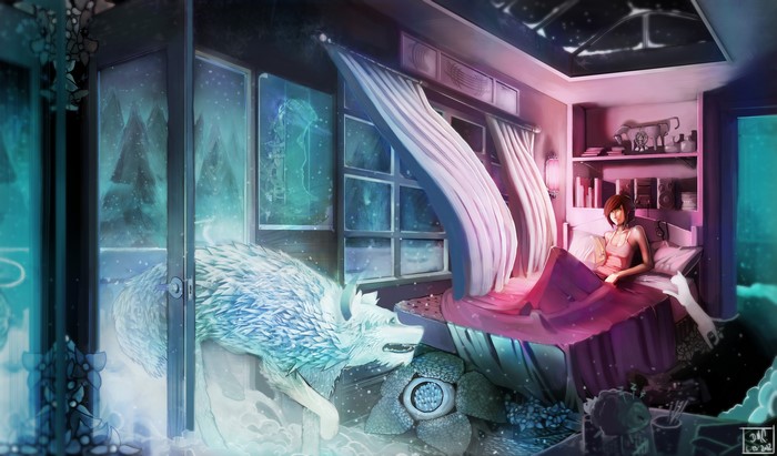 Girl in bed with wolf and cat in room