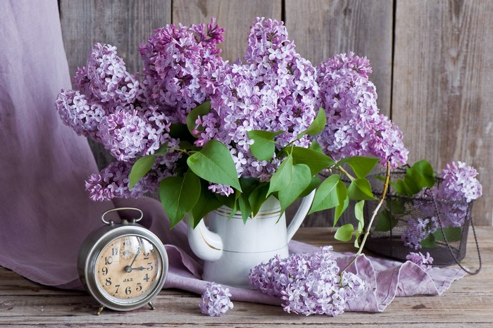 Lilac flowers in a vase with an alarm clock