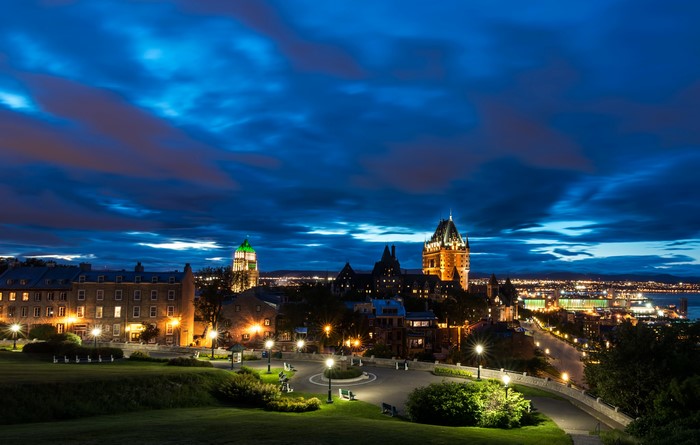 Quebec City skyline at night with Chateau Frontenac