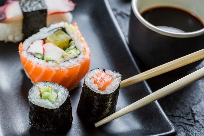 Sushi with Chopsticks and Soy Sauce