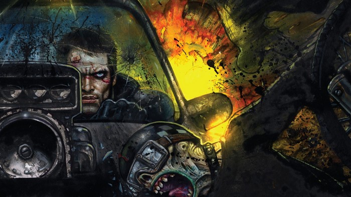 Man in vehicle with explosion and zombie