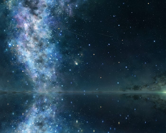 Starry night sky reflected in water