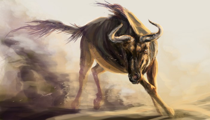 Wildebeest running through dust, digital painting