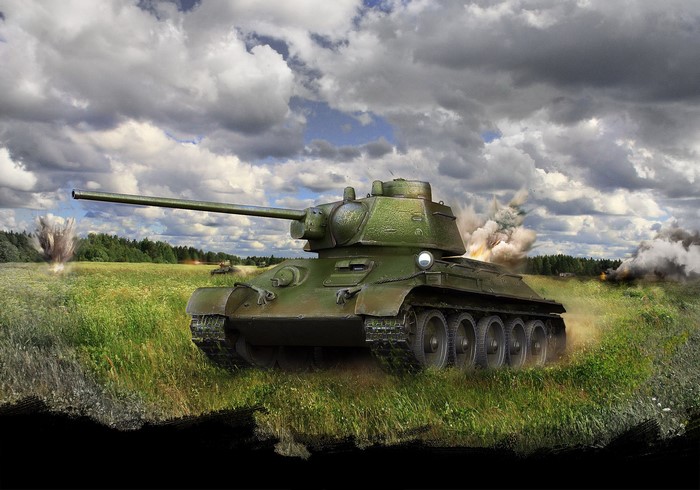 T-34-76 Tank in a Sunny Field under Cloudy Sky