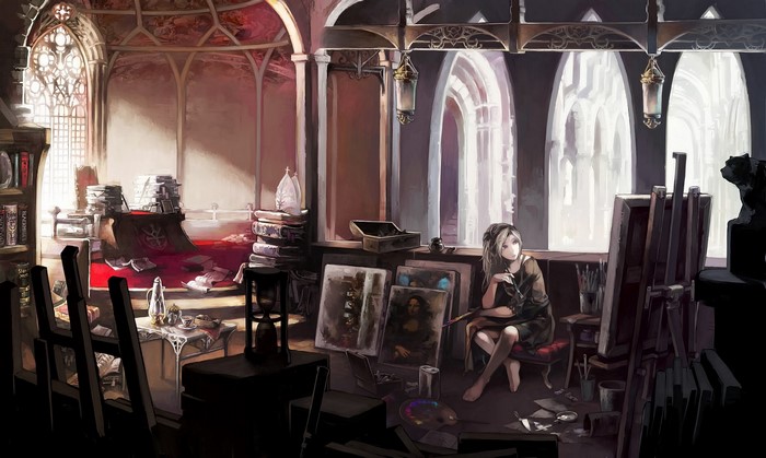 Girl painting in a gothic art studio