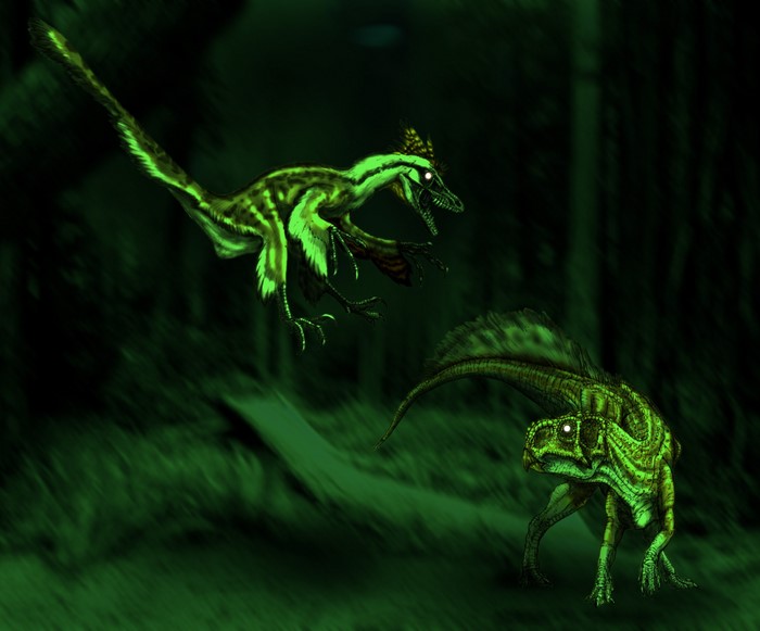 Sinornithosaurus hunting Psittacosaurus in a forest