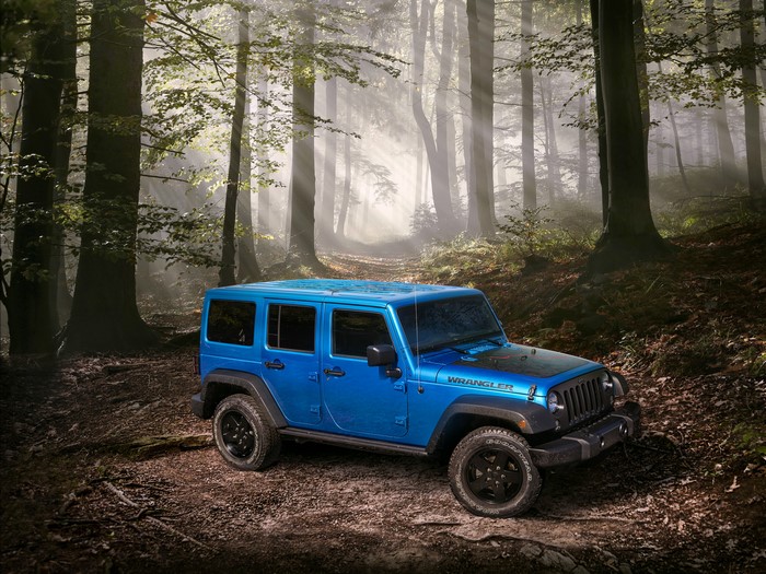 Blue Jeep Wrangler in a misty forest