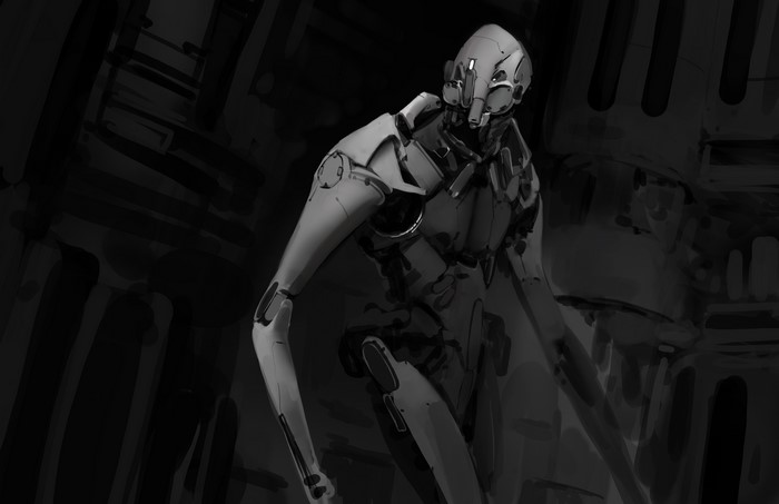 Robot in a dark industrial setting