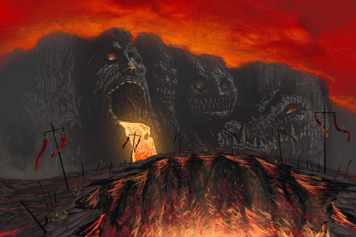Monstrous mountains with lava river under red sky