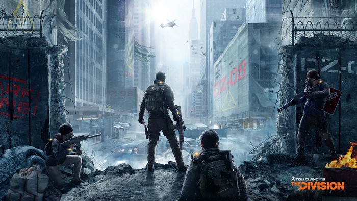 Soldiers in a post-apocalyptic city with The Division logo