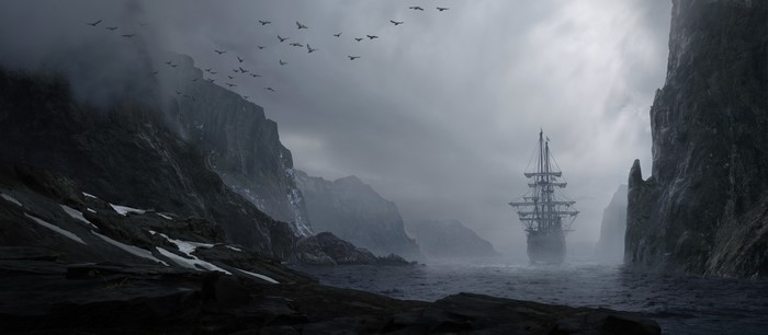 Sailing ship in a foggy coastal landscape with birds