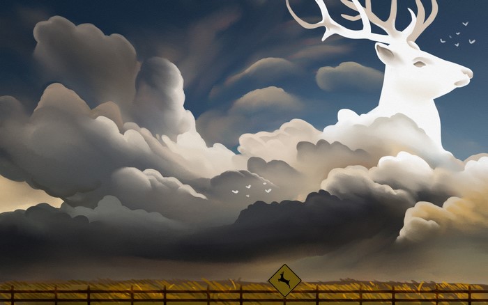 White deer emerging from clouds over a field