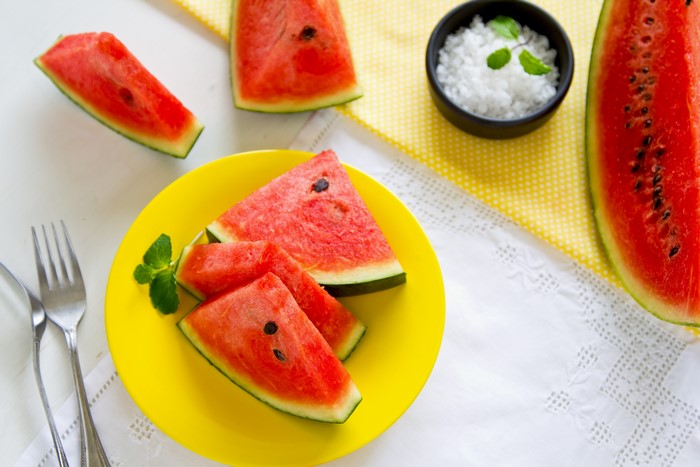 Watermelon slices with mint and salt
