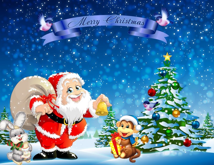 Santa Claus with Christmas Tree and Animals