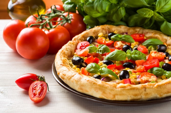 Pizza with Tomatoes, Basil, and Olives