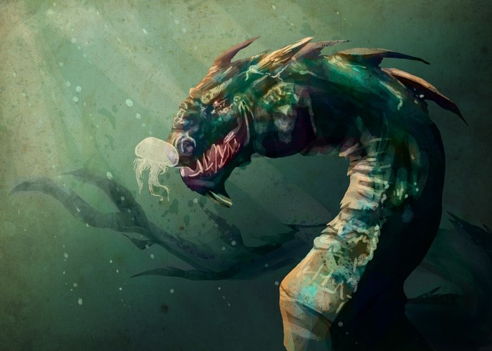 Monster eating a jellyfish underwater