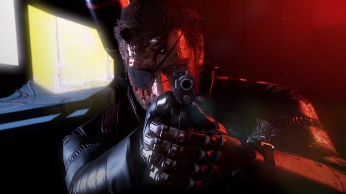 Venom Snake from Metal Gear aiming a pistol