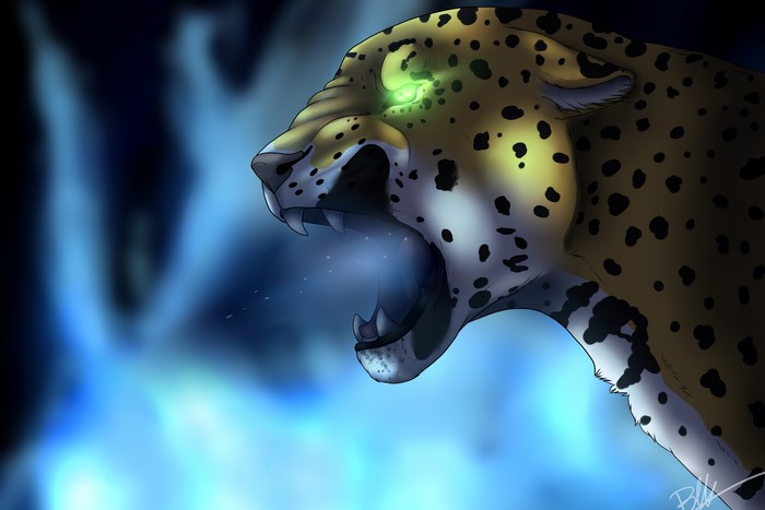 Leopard roaring with glowing green eyes and blue flames