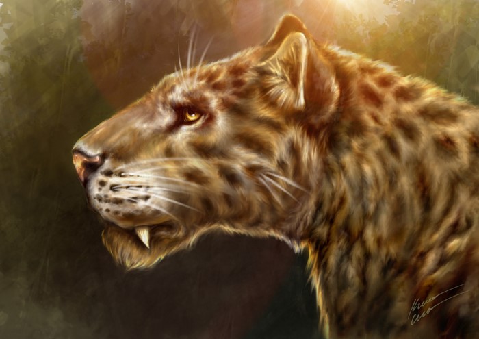 Homotherium, a saber-toothed cat, in profile