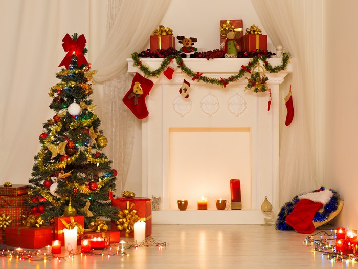 Christmas tree with gifts and fireplace
