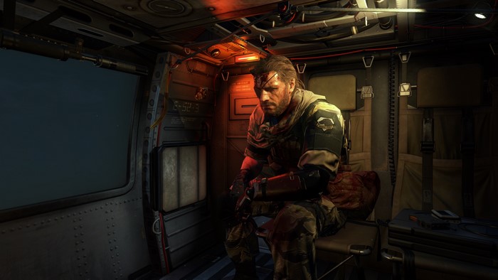 Solid Snake from Metal Gear in a helicopter