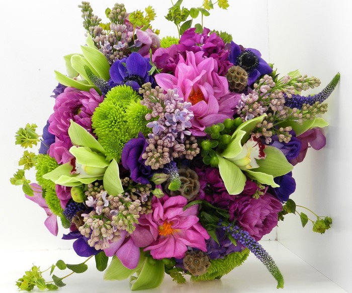 Purple and Pink Flower Bouquet with Green Accents