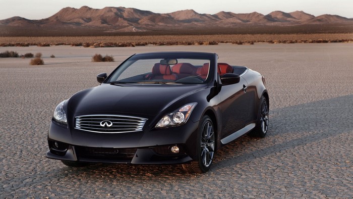 Black Infiniti G37 Convertible in Desert Landscape