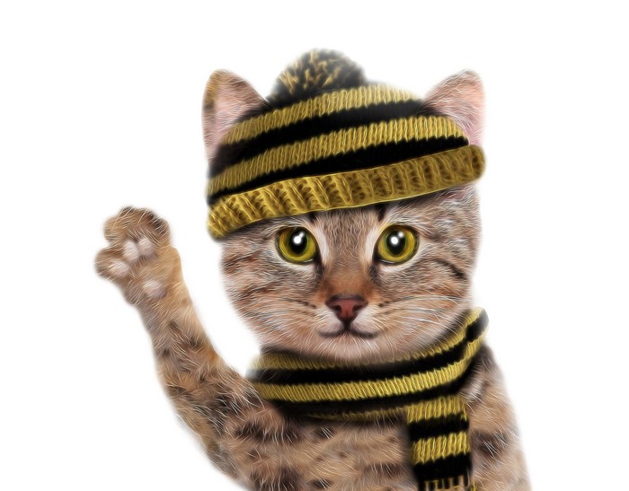 Cat wearing a striped hat and scarf waving paw