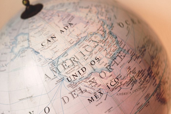 Close-up of a globe showing North America