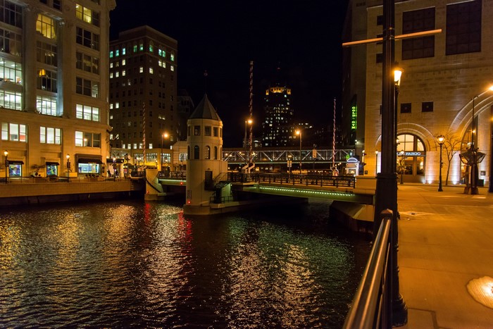 Milwaukee Wisconsin River at Night with Bridge
