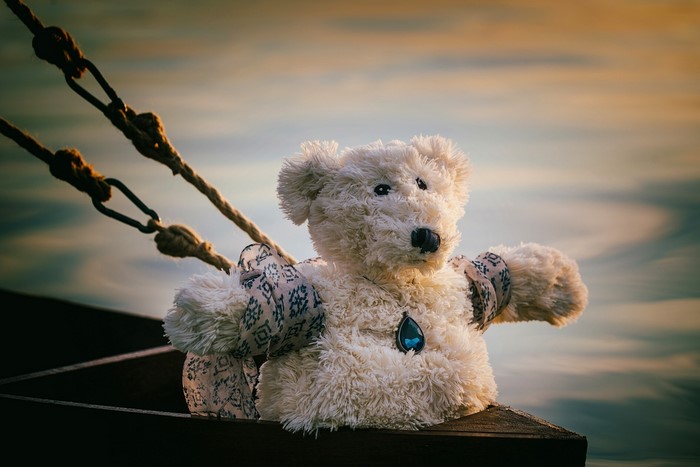 Teddy bear with blue gem in boat
