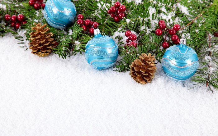 Christmas ornaments, pine cones, and berries on snow