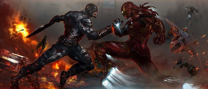Captain America and Iron Man fighting in Captain America: Civil War