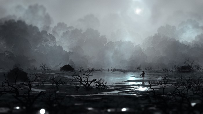 Person in a misty swamp with dead trees