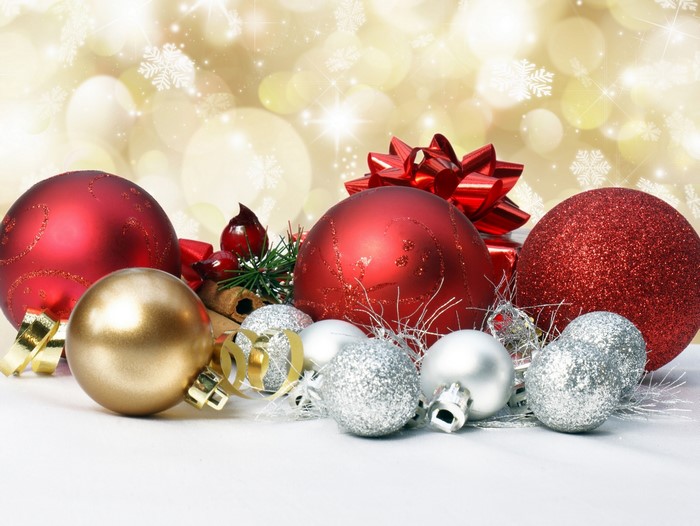 Christmas ornaments with red bow and snowflakes