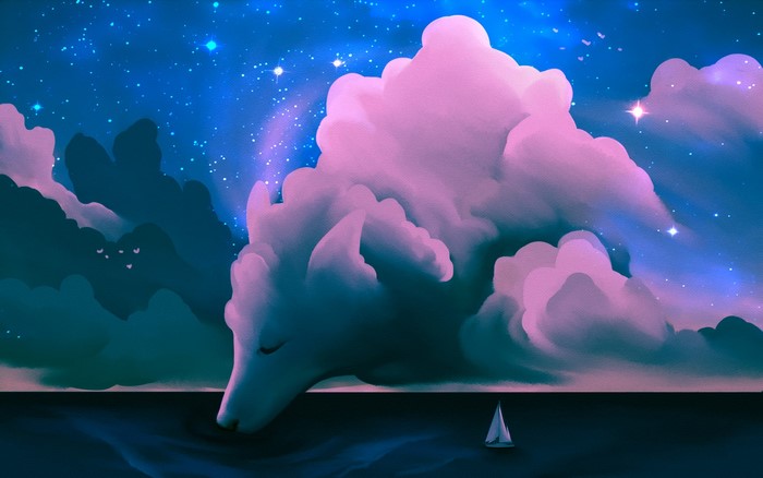 Wolf cloud over the ocean at night