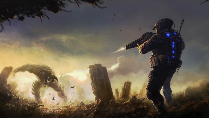 Soldier firing at a monster in a ruined landscape