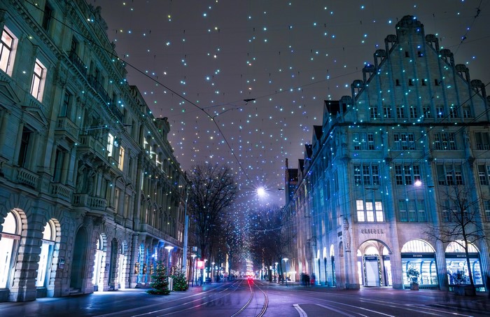 Zurich street at night with Christmas lights