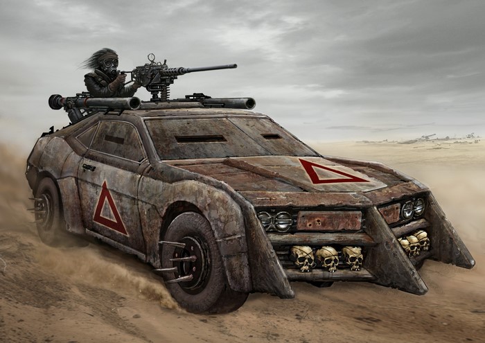 Post-apocalyptic car with machine gun and missile launcher