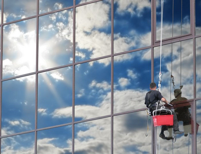 Window cleaner on a high-rise building