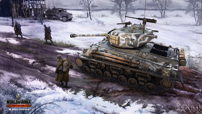 M4A3 Sherman tank in a snowy landscape, World of Tanks