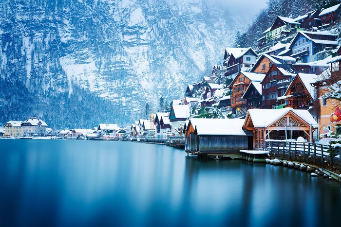 Hallstatt village on a lake in winter, Austria