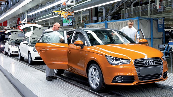 Audi A1 car assembly line with workers