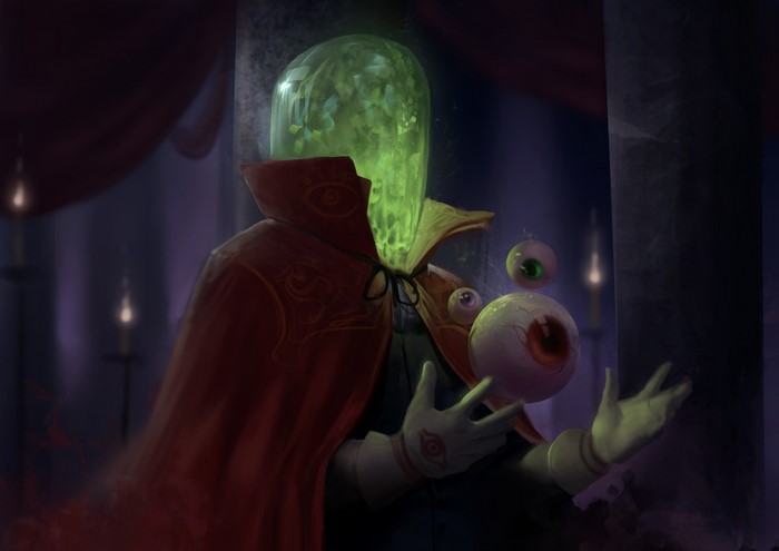 Mysterious figure with a glass head and floating eyeballs