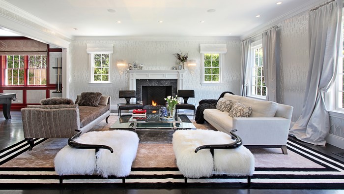 Living room with fireplace and sofas