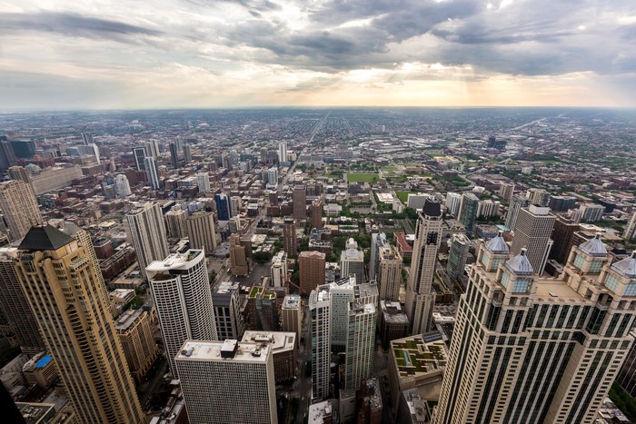 Chicago city skyline with skyscrapers and clouds