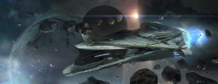 Star Citizen ship among asteroids and planets