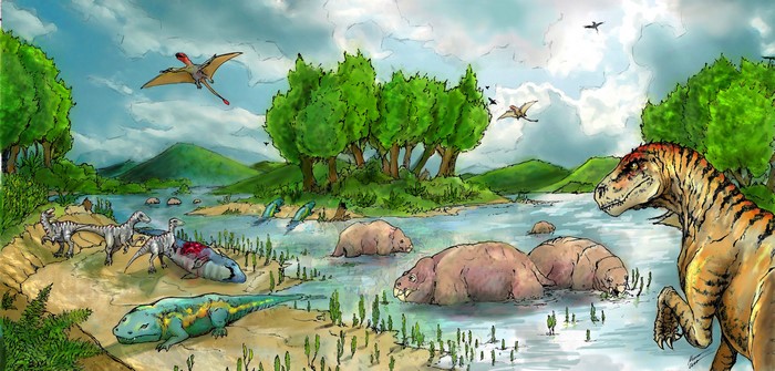 Lisowice landscape with ancient animals and dinosaurs