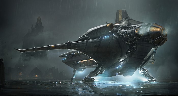 Star Citizen ship in rainy environment